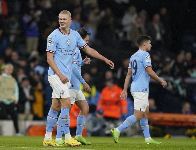 October 5, 2022, Manchester, United Kingdom: Manchester, England, 5th October 2022. Erling Haaland of Manchester City celebrates scoring his and cityÃ¢â¬â¢s second goal during the UEFA Champions League match at the Etihad Stadium, Manchester