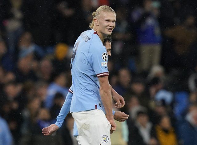October 5, 2022, Manchester, United Kingdom: Manchester, England, 5th October 2022. Erling Haaland of Manchester City celebrates scoring his and cityÃ¢â¬â¢s second goal during the UEFA Champions League match at the Etihad Stadium, Manchester