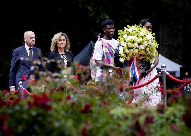 2022-07-01 14:13:30 AMSTERDAM - Jan Anthonie Bruijn, chair of the Senate and Vera Bergkamp, chair of the House of Representatives lay a wreath at the National Monument to Slavery Past, during the national commemoration of the Dutch slavery past. On July 1, 1863, slavery was abolished by law in Suriname and the Caribbean part of the Kingdom. ANP KOEN VAN WEEL netherlands out - belgium