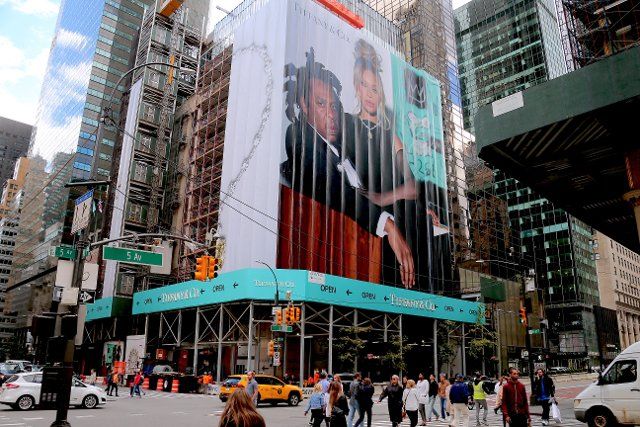 Power couple Beyonce and Jay Z on a huge advertising billboard for Tiffany And Co. at their store on Fifth Avenue in New York City, NY, USA on September 30, 2021. Photo by Charles Guerin\/ABACAPRESS