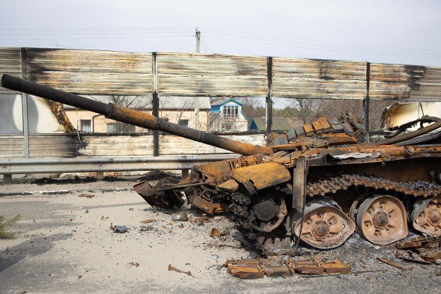 Russian tank T72 destroyed by Ukrainian Army as Mayor of Makariv Vadim Tokar shows former Russian Positions in Sytnyaky near Makariv in the Kiev Oblast, on March 26, 2022 during the Russian Invasion of Ukraine. Photo by Raphael Lafargue\/ABACAPRESS