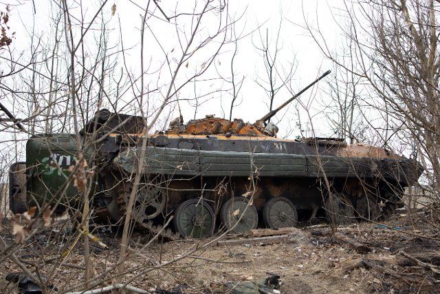Russian Bronetransporter BTR vehicle destroyed by Ukrainian Army as Volunteers of the Civilian defense show former Russian Positions in Sytnyaky near Makariv in the Kiev Oblast, on March 26, 2022 during the Russian Invasion of Ukraine. Photo by Raphael Lafargue\/ABACAPRESS