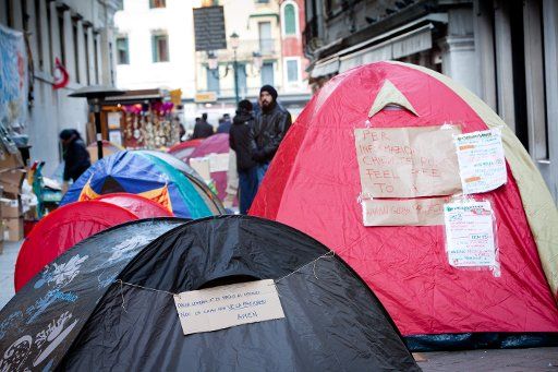 The occupy movement arrives with first protests in Venice Italy on November 14 2011. Photo by DPA\/ABACAUSA.COM #