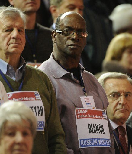 Soviet long jumper Igor Ter-Ovanesyan and American long jumper Bob Beamon (L-R) attend the Russian Winter Meeting, an annual indoor track and field tournament, at CSKA Arena in Moscow, Russia on February 5, 2012. Photo by Alexandra Mudrats\/Itar-Tass\/...