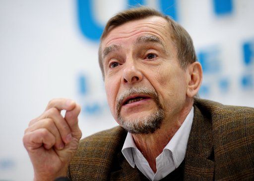 Human rights activist Lev Ponomarev at a press conference to discuss recent inspections and legal action undertaken by the Russian authorities against some Russian-based non-commercial organisations over their failure to comply with Russia\