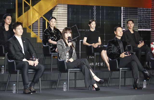 (L-R, front row) Yoo Ji-Tae, Kim Yun-Jin, Park Hae-Soo, (L-R, back row) Kim Ji-Hoon, Jang Yoon-Ju, Lee Joo-Bin, Lee Hyun-Woo, June 22, 2022 : Cast members attend a production press conference for the Netflix series "Money Heist: Korea - Joint Economic Area" in Seoul, South Korea. The Netflix series is a Korean adaptation of the Spanish television series "Money Heist" (2017-2021) and it is slated to begin airing on June 24. (Photo by Lee Jae-Won\/AFLO) (SOUTH KOREA