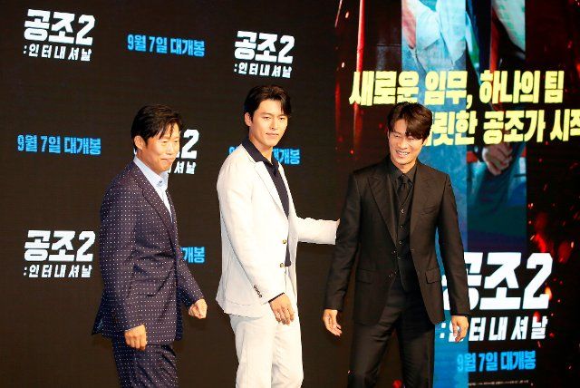 Yoo Hai-Jin, Hyun Bin, Jin Seon-Kyu, August 16, 2022 : (L-R) South Korean actors Yoo Hai-Jin, Hyun Bin and Jin Seon-Kyu attend a production press conference for their upcoming Korean movie "Confidential Assignment 2: International" in Seoul, South Korea. The film will be released in South Korea on September 7. (Photo by Lee Jae-Won\/AFLO) (SOUTH KOREA