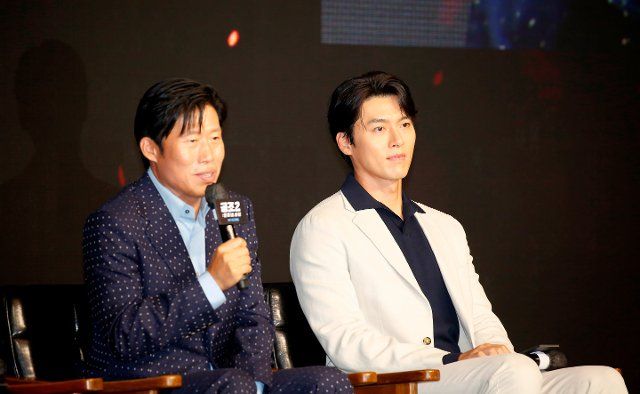 Yoo Hai-Jin and Hyun Bin, August 16, 2022 : South Korean actors Yoo Hai-Jin and Hyun Bin (R) attend a production press conference for their upcoming Korean movie "Confidential Assignment 2: International" in Seoul, South Korea. The film will be released in South Korea on September 7. (Photo by Lee Jae-Won\/AFLO) (SOUTH KOREA