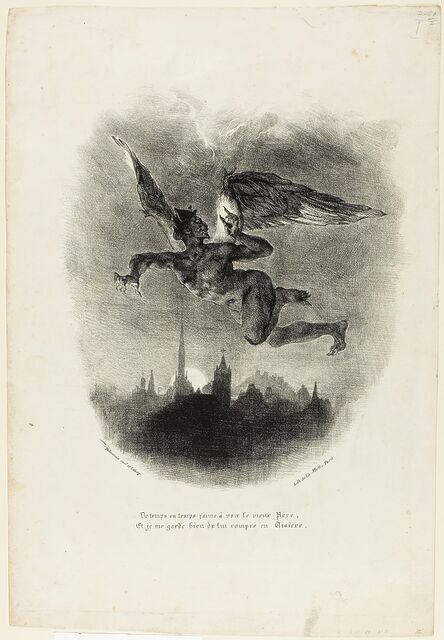 Mephistopheles Flying. Eugène Delacroix; French, 1798-1863. Date: 1828. Dimensions: 270 × 230 mm (image); 429 × 290 mm (sheet). Lithograph in black on white wove paper. Origin: France. Museum: The Chicago Art Institute, Chicago, USA.Mephistopheles Flying. Eugène Delacroix; French, 1798-1863. Date: 1828. Dimensions: 270 × 230 mm (image); 429 × 290 mm (sheet). Lithograph in black on white wove paper. Origin: France. Museum: The Chicago Art Institute, Chicago, USA.. Album. . 