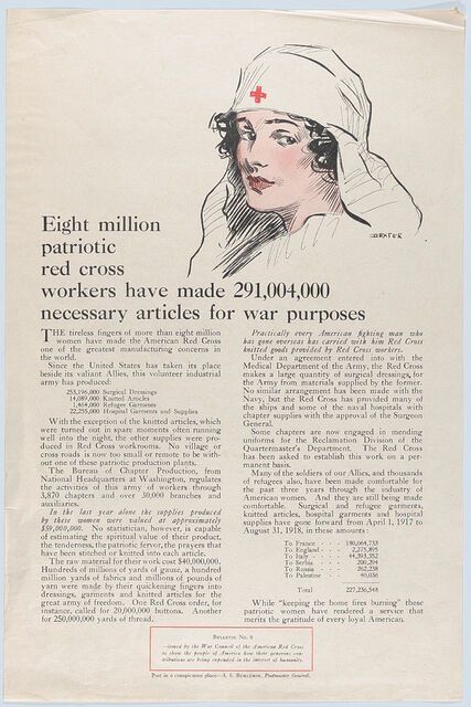 Eight million patriotic Red Cross workers. Artist: Possibly by Wilson C. Dexter (American, 1881-1921 New York). Dimensions: Sheet: 21 × 14 in. (53.4 × 35.6 cm). Publisher: Issued by War Council of the American Red Cross. Date: ca. 1917-18.World War I poster. Museum: Metropolitan Museum of Art, New York, USA.Eight million patriotic Red Cross workers. Artist: Possibly by Wilson C. Dexter (American, 1881-1921 New York). Dimensions: Sheet: 21 × 14 in. (53.4 × 35.6 cm). Publisher: Issued by War Council of the American Red Cross. Date: ca. 1917-18.World War I poster. Museum: Metropolitan Museum of Art, New York, USA.. Album \/ Metropolitan Museum of Art, NY. . 