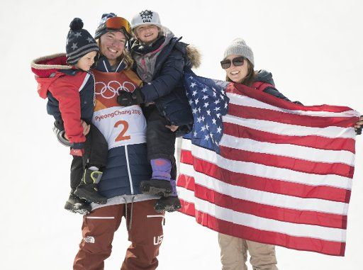 23rd February 2018, Pyeongchang, South Korea; 2018 Winter Olympic Games, Day 14; Phoenix Snow Park; David Wise (USA) celebrates with his family after winning the Gold Medal in the Mens Freestyle Ski Halfpipe
