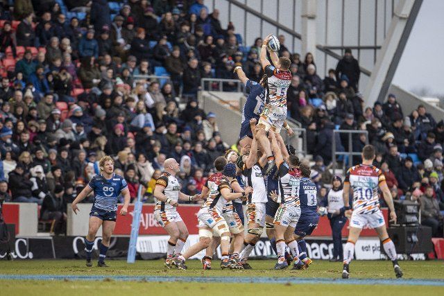 30th January 2022; AJ Bell stadium, Eccles, Greater Manchester, England: Gallagher Premiership Rugby, Sale v Leicester; Calum Green of Leicester Tigers wins a
