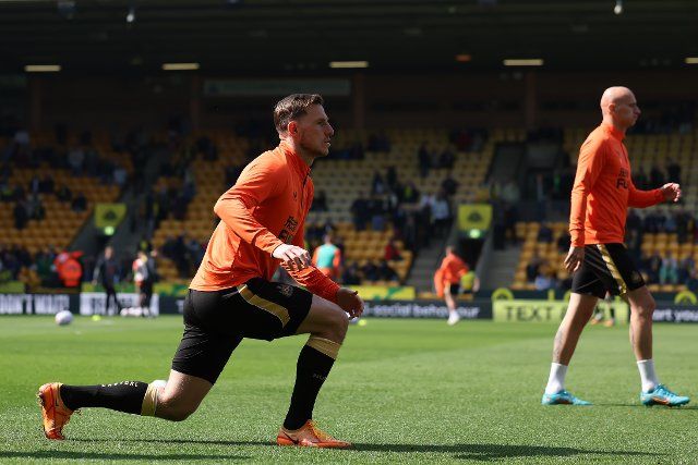 23rd April 2022, Carrow Road, Norwich, Norfolk, England; Premier League football, Norwich versus Newcastle; Chris Wood of Newcastle United warms up with the