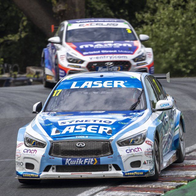 12th June 2022; Oulton Park, Little Budworth, Cheshire, England; Kwik Fit British Touring Car Championship, Oulton Park: Dexter Patterson in his Laser Tools Racing Infiniti Q50 leads from Tom Chilton in his Bristol Street Motors with Excelr8 TradePriceCars.com Hyundai i30 Fastback N
