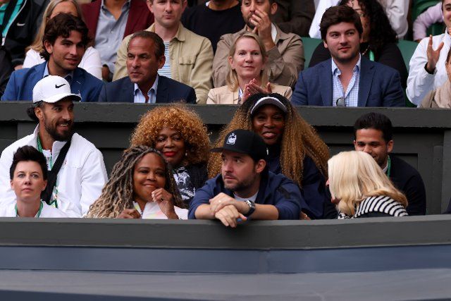 28th June 2022, All England Lawn Tennis and Croquet Club, London, England; Wimbledon Tennis tournament; Sister Venus Williams, Mum Oracene Price and husband Alexis Ohanian support Serena Williams through her match with Harmony
