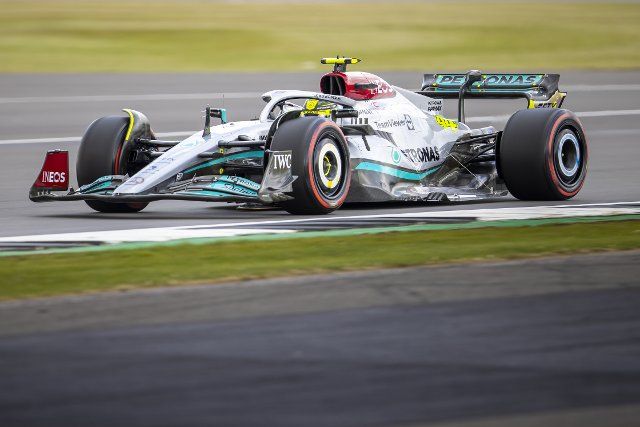 1st July 2022, Silverstone Circuit, Silverstone, Northamptonshire, England: British F1 Grand Prix, free practise day: Mercedes-AMG Petronas F1 Team driver Lewis Hamilton in his Mercedes F1 W13 during