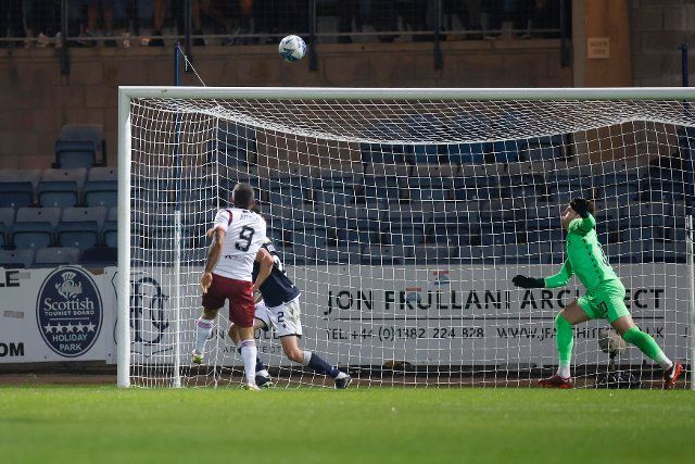12th August 2022; Dens Park, Dundee, Scotland: Scottish League Championship football, Dundee versus Arbroath ; Dale Hilson of Arbroath misses an open goal in the 87th minute with the score at 2