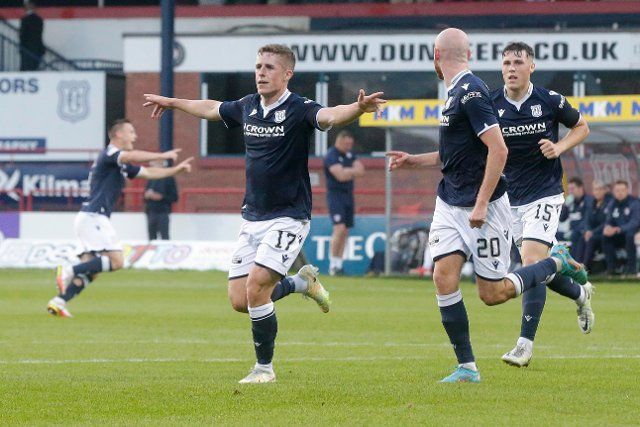 12th August 2022; Dens Park, Dundee, Scotland: Scottish League Championship football, Dundee versus Arbroath ; Luke McCowan of Dundee celebrates after scoring for 1-0