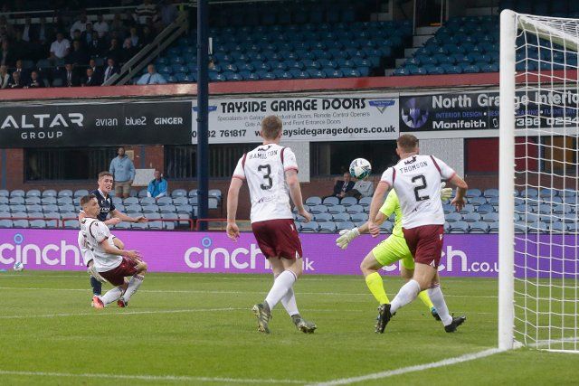 12th August 2022; Dens Park, Dundee, Scotland: Scottish League Championship football, Dundee versus Arbroath ; Luke McCowan of Dundee scores the opening goal to put his side 1-0 ahead in the 40th minute