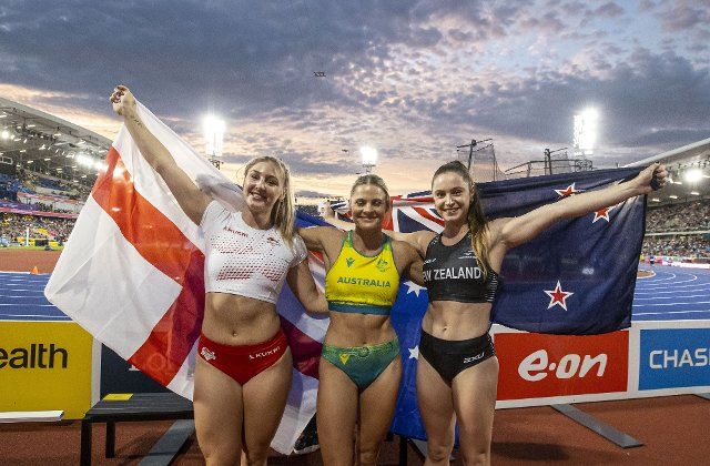 2nd August 2022; Alexander Stadium, Birmingham, Midlands, England: Day 5 of the 2022 Commonwealth Games: Nina Kennedy (AUS) celebrates after winning the Gold Medal in the Pole Vault with a height of 4.60m alongside Silver Medal winner Molly Caudrery (ENG) and Bronze Medal winner Imogen Ayris (NZL
