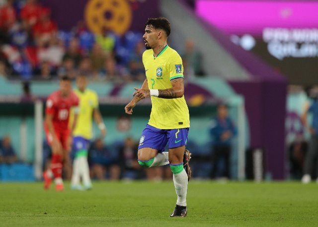 28th November 2022; Stadium 974, Doha, Qatar; FIFA World Cup Football, Brazil versus Switzerland; Lucas Paqueta of Brazil takes position for a corner