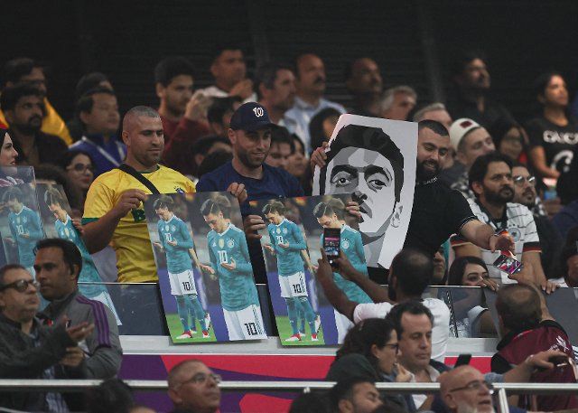 1st December 2022; Al Bayt Stadium, Al Khor, Qatar; FIFA World Cup Football, Costa Rica versus Germany; Banners of Mesut Ozil being displayed by fans before being taken down by security