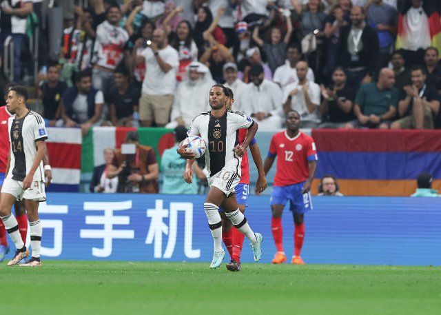 1st December 2022; Al Bayt Stadium, Al Khor, Qatar; FIFA World Cup Football, Costa Rica versus Germany; Serge Gnabry of Germany grabs the ball after scoring his sides 1st goal in the 10th minute to make it 0