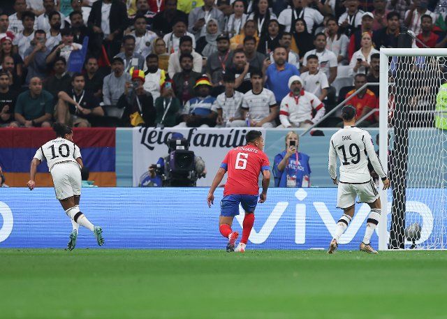 1st December 2022; Al Bayt Stadium, Al Khor, Qatar; FIFA World Cup Football, Costa Rica versus Germany; Serge Gnabry of Germany heads the ball to score his sides 1st goal in the 10th minute to make it 0