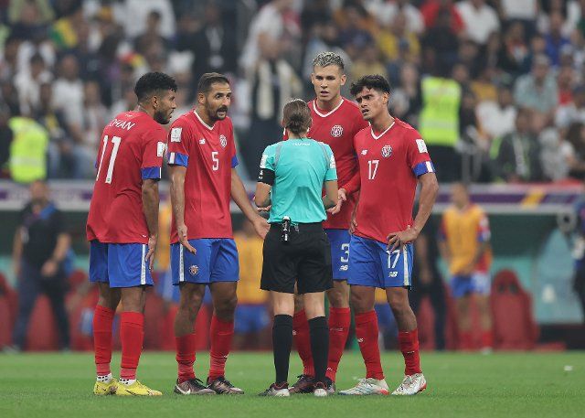 1st December 2022; Al Bayt Stadium, Al Khor, Qatar; FIFA World Cup Football, Costa Rica versus Germany; Johan Venegas, Celso Borges,Yeltsin Tejeda and Juan Pablo Vargas of Costa Rica surround referee Stephanie Frappart at half time to complain of a tackle made on Joel Campbell of Costa