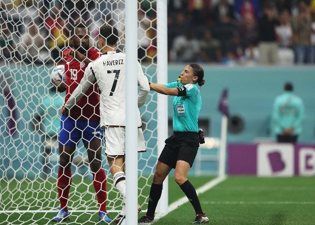 1st December 2022; Al Bayt Stadium, Al Khor, Qatar; FIFA World Cup Football, Costa Rica versus Germany; Referee Stephanie Frappart attempts to break up Kai Havertz of Germany and Kendall Waston of Costa Rica in the net after Havertz of scored his sides 2nd goal in the 73rd minute to make it 2