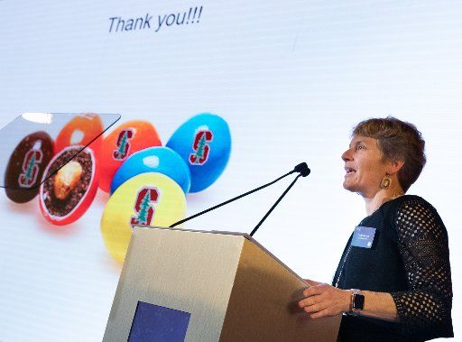 Winner American chemist Carolyn Bertozzi delivers a speech at the award ceremony for the biannual \