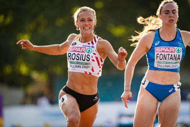 Rani Rosius and Vittoria Fontana pictured in action at the 100m race on the first day of the European Athletics U23 Championships, Thursday 08 July 2021 in Tallinn, Estonia. The European championships take place from 8 to 11 July. BELGA PHOTO COEN SCHILDERMAN
