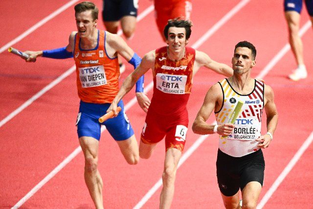 Belgian Kevin Borlee crosses the finish line at the men 4x400m relay final on the third and last day of the World Athletics Indoor Championships, in Belgrade, Serbia, Sunday 20 March 2022. The championships take place from 18 to 20 March. BELGA PHOTO JASPER JACOBS