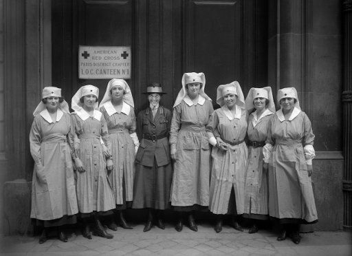 Personnel of American Red Cross Canteen No. 1: Ben Ali Lounsbery, New York City; Margaret Stewart, Goshen, N.Y.; Jessie Tharp, New Orleans; Willy Duncan, Washington; Kathleen McGuire, New York City; Yvonne Mathews, New York City; Martha Ruby, Uniontown, Pa.; Julia F. Wells, New York, Paris, France, American National Red Cross Photograph Collection, May 1919