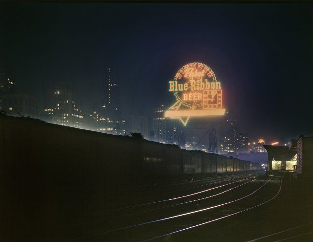 Illinois Central Railroad cars at South Water Street Freight Terminal at Night, Chicago, Illinois, USA, Jack Delano, U.S. Office of War Information\/U.S. Farm Security Administration, April 1943