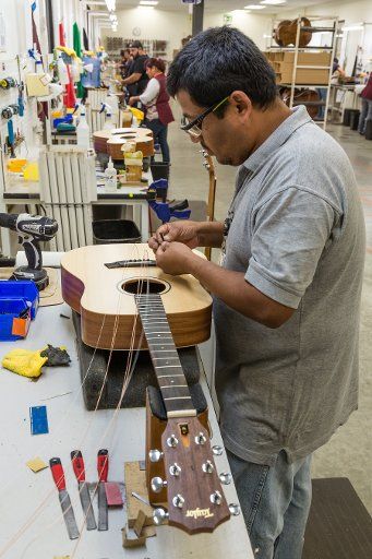 Workers building and assembling guitars at the Taylor Guitar factory in Tecate, Mexico. This worker is stringing the guitar