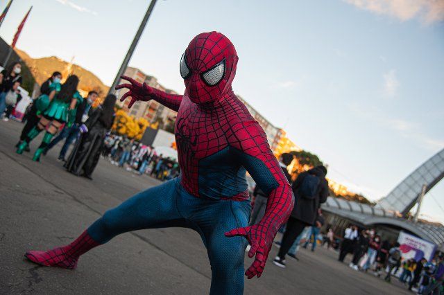 A fan of Marvel superhero Spider Man poses for a photo during the fourth day of the SOFA (Salon del Ocio y la Fantasia) 2021, a fair aimed to the geek audience in Colombia that mixes Cosplay, gaming, superhero and movie fans from across Colombia, in Bogota, Colombia on October 17, 2021