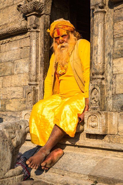 A sadhu, Hindu ascetic or holy man in Hanuman Dhoka Durbar Square in Kathmandu, Nepal