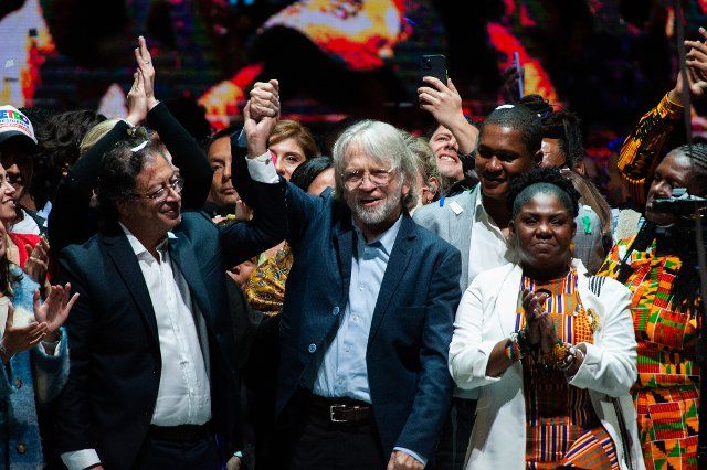 President Elect Gustavo Petro (Left) celebrates with politician Antanas Mockus (Center) and Vice-president elect Francia Marquez (Right) during the campaign celebration of Gustavo Petro who won the second round of presidential elections in Colombia after passing 11 million votes and gaining a difference of 700.000 votes to independent Rodolfo Hernandez in Bogota, Colombia June 19, 2022