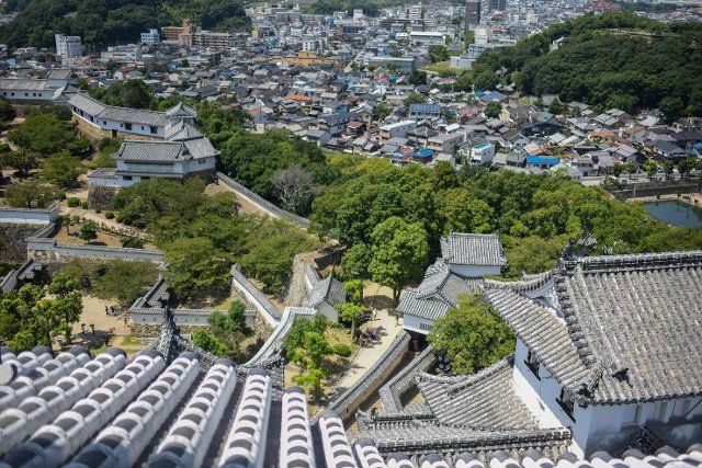 View from the city skyline from Himeji Castle (HimejijÅ), also known as White Heron Castle, is Japanâs best preserved feudal