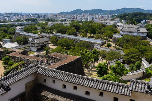 View from the city skyline from Himeji Castle (HimejijÅ), also known as White Heron Castle, is Japanâs best preserved feudal