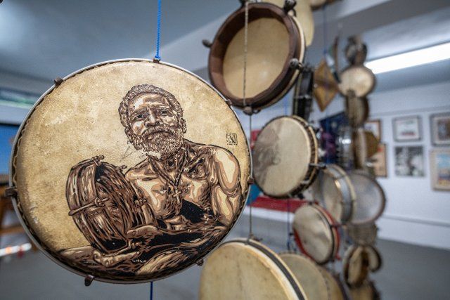 Hand drums for bomba and plena on display at