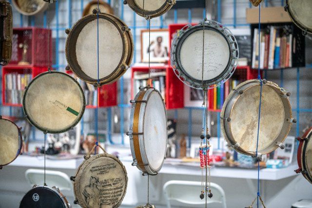Hand drums for bomba and plena on display at