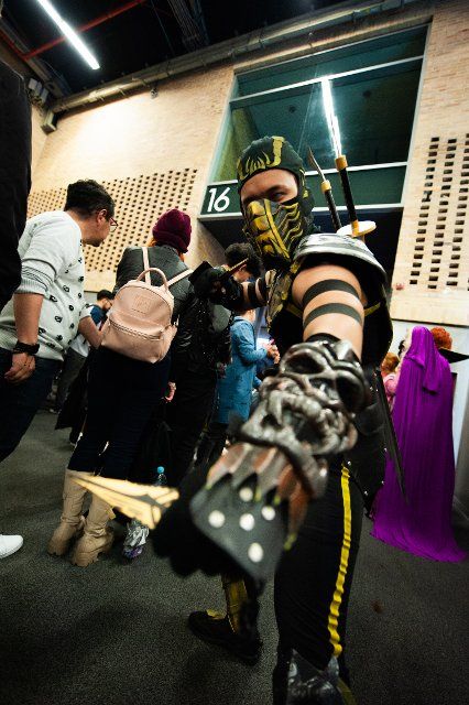A men wears a Mortal Kombat costume during the 2022 edition of the SOFA (Salon del Ocio y la Fantasia) in Bogota, Colombia, through October 14 to 18