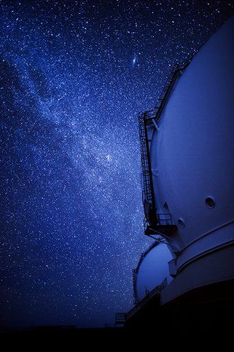 Hawaii, Big Island, Mauna Kea Summit, Keck Observatory At Night And The Milky Way, Low Light Exposure.