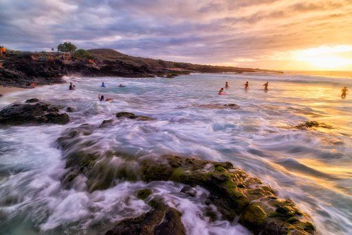 Kua Bay beach at sunset, Kona Coast; Kona, Big Island, Hawaii, United States of