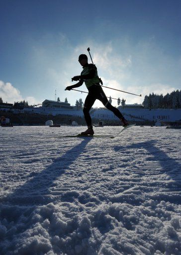 A biathlete exercises for the Biathlon World Cup in the arena in Oberhof Germany 05 January 2010. The Biathlon World Cup will start on 06 January 2010. Photo: MARTIN