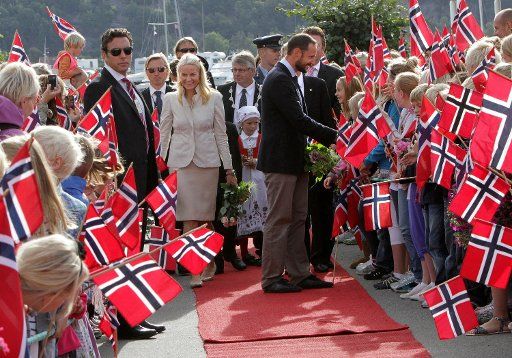 Crown Prince Haakon of Norway (L) and Crown Princess Mette-Marit arrive in Lillesand Norway 31 August 2010. The royal couple is on a three-day visit to the Aust-Adger region in Southern Norway. Photo: Albert Nieboer \/ NETHERLANDS