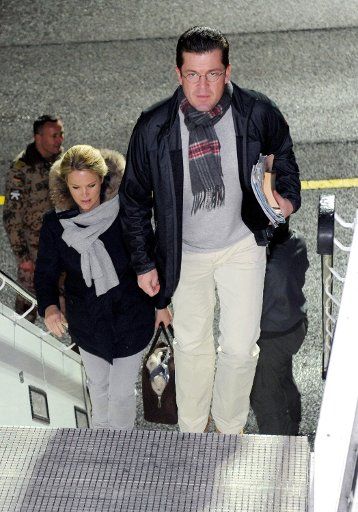 German Defence Minister Karl-Theodor zu Guttenberg and his wife Stephanie zu Guttenberg board a transall plane to Afghanistan in Berlin Germany 12 December 2010. Karl-Theodor zu Guttenberg visits the German Bundeswehr soldiers of the ISAF mission ...