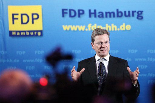 The Federal Chairman of the FDP Guido Westerwelle speaks at an election campaign in Hamburg Germany 27 January 2011. A new legislative assembly will be elected in Hamburg on the 20 Feburary 2011. Photo: Bodo